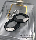 Load image into Gallery viewer, Swarovski Black Plastic Ovals Vibrant Clear Crystals Dangle Drop Clip Earrings