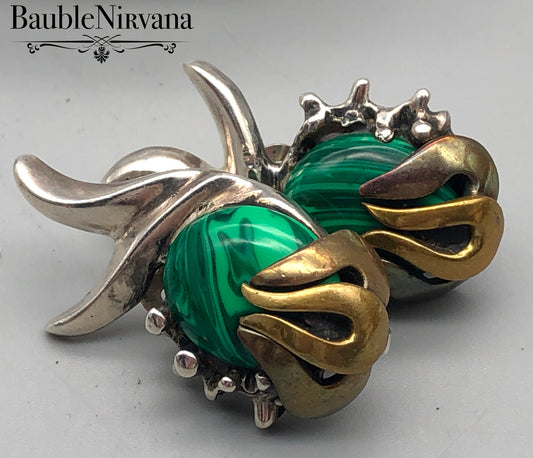 Mexican Mixed Metal Sterling Silver Malachite Earrings