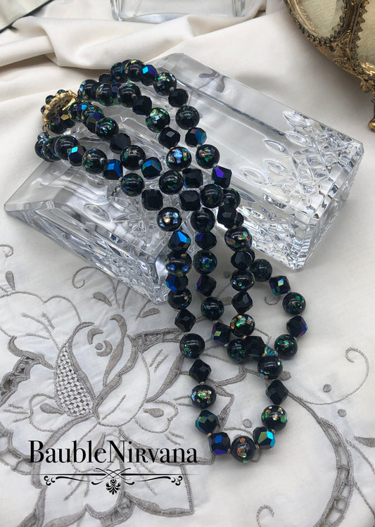 Vintage Double Strand Venetian Foil Art Glass &AB Black Beaded Necklace WOW!!