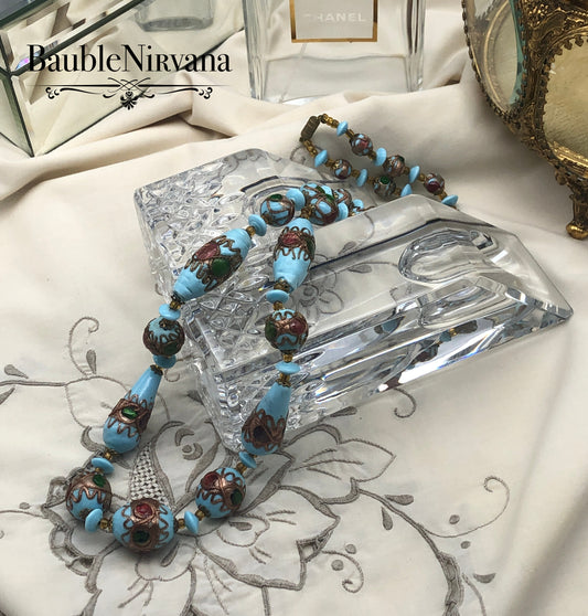 Rare Venetian Art Glass Jeweled Wedding Cake Blue Beads Teardrop Round Elongated