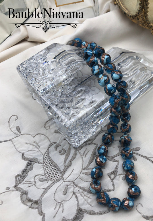 Vintage Venetian Art Glass Blue & Copper Unusual Beads Necklace Original Tag