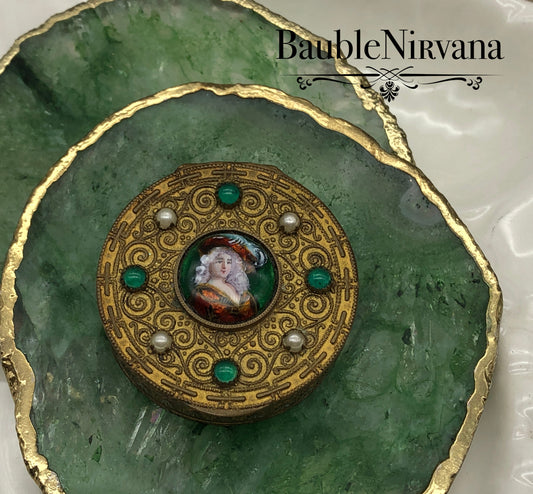 Antique France Brass Compact Powder Box w/Luminescent Enamel Portrait Jeweled