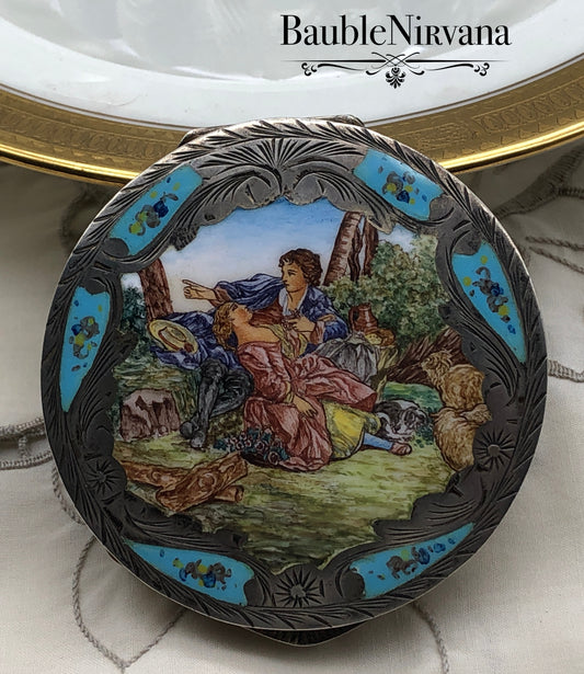 Vintage Italy 800 Silver & Enamel Lovers in the Park Scene Round Powder Compact