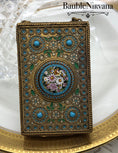 Load image into Gallery viewer, Antique France Gold Gilt Compact with Chain Enamel Micro Mosaic & Jewels