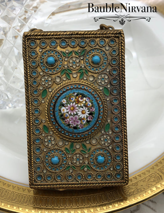 Antique France Gold Gilt Compact with Chain Enamel Micro Mosaic & Jewels