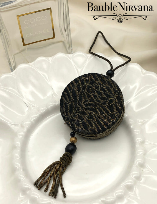 Vintage Art Deco Black Material w/Metal Wire Cord Tassel Dance Powder Compact