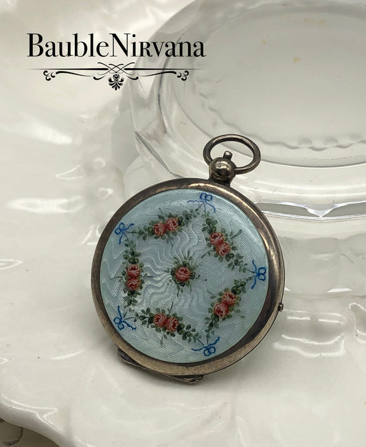 Antique Sterling Silver & Guilloche Enamel Pocketwatch Compact Painted Flowers