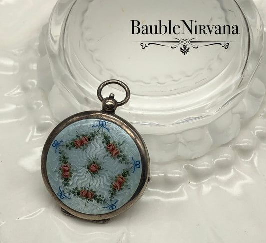 Antique Sterling Silver & Guilloche Enamel Pocketwatch Compact Painted Flowers