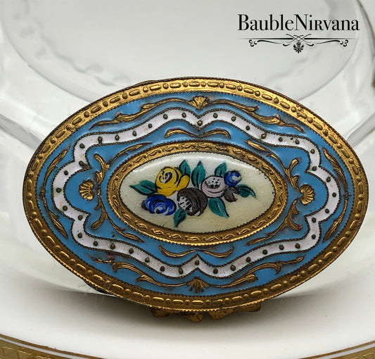 Vintage Made Italy Gold Gilt Oval Compact w/Enamel Hand Painted Decoration