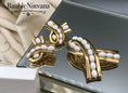 Load image into Gallery viewer, Vintage Crown Trifari Gold Plated & White Glass Cabochon Ribbon Pin&Earrings Set