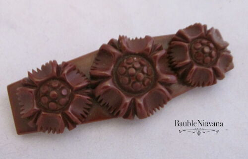 Bakelite Carved Flower Brown Bar Pin Brooch