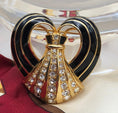 Load image into Gallery viewer, Vintage Swarovski Black Enamel & Clear Austrian Crystal Heart Ribbon Brooch Pin
