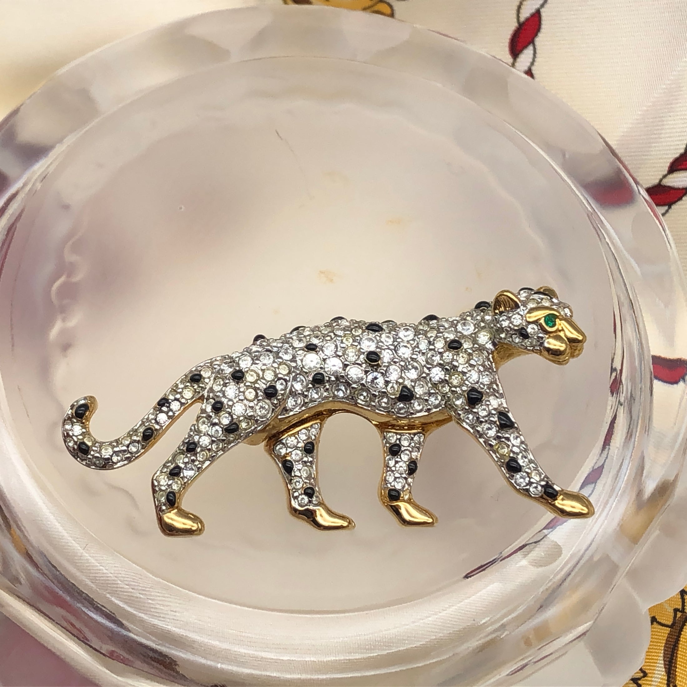 Swarovski Leopard Cat Gold Plated Pave Crystal Black Spots Green Eyes Pin Brooch