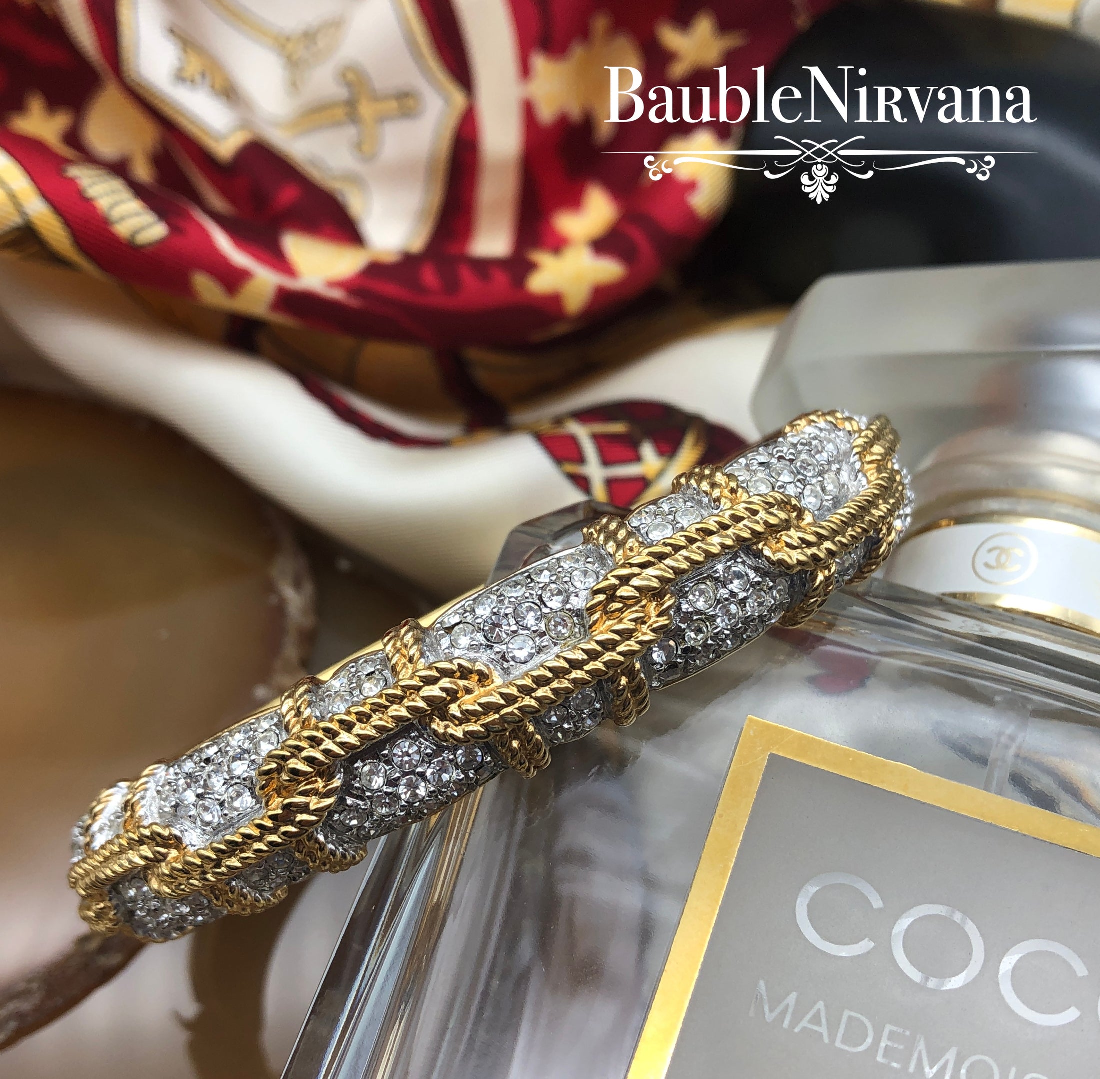 Swarovski Yellow Gold Plated Rope Design & Vibrant Clear Crystals Bangle Bracelet