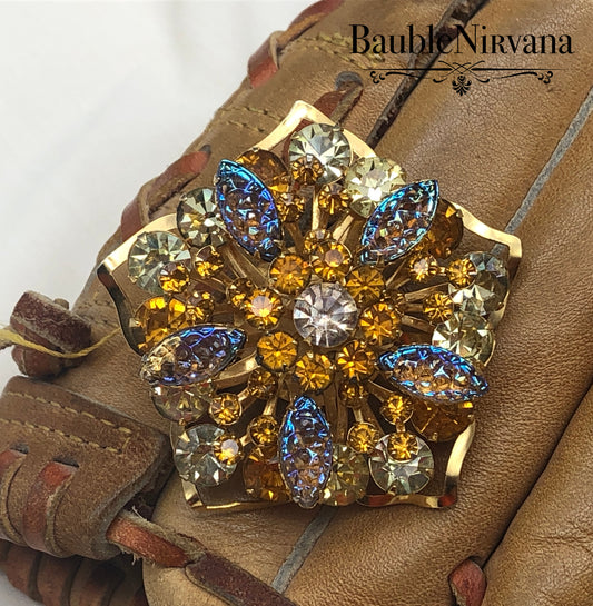 Vintage Juliana Flower Pin Brooch Pressed Glass AB Iridescent Stones Amber Citrine