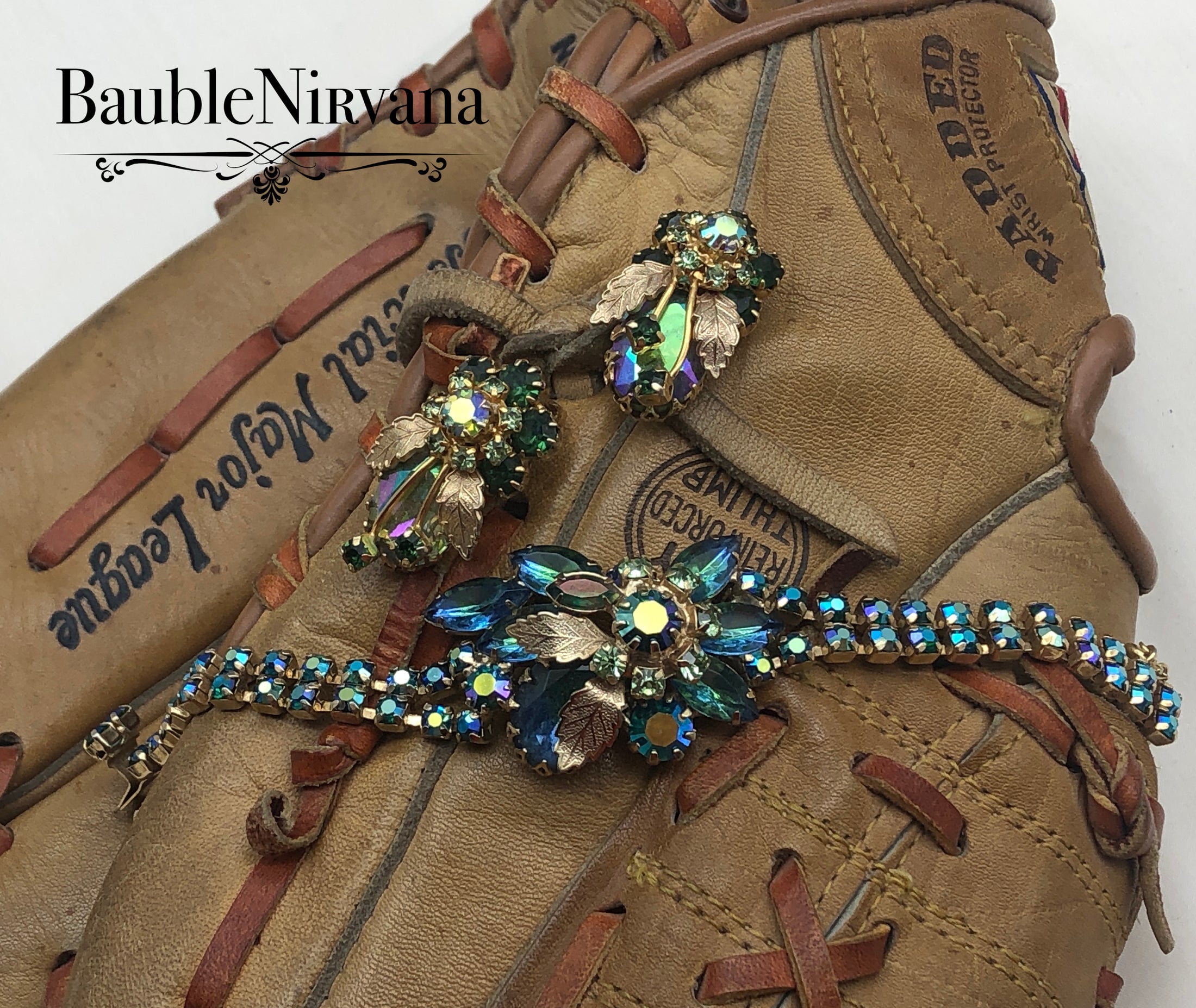 Juliana AB Iridescent Peacock Blue & Green Gold Leaves Bracelet & Earrings Set