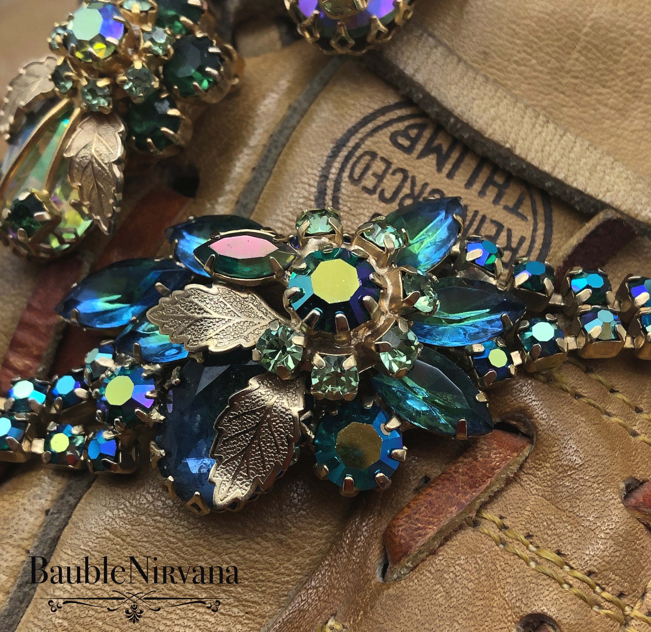 Juliana AB Iridescent Peacock Blue & Green Gold Leaves Bracelet & Earrings Set