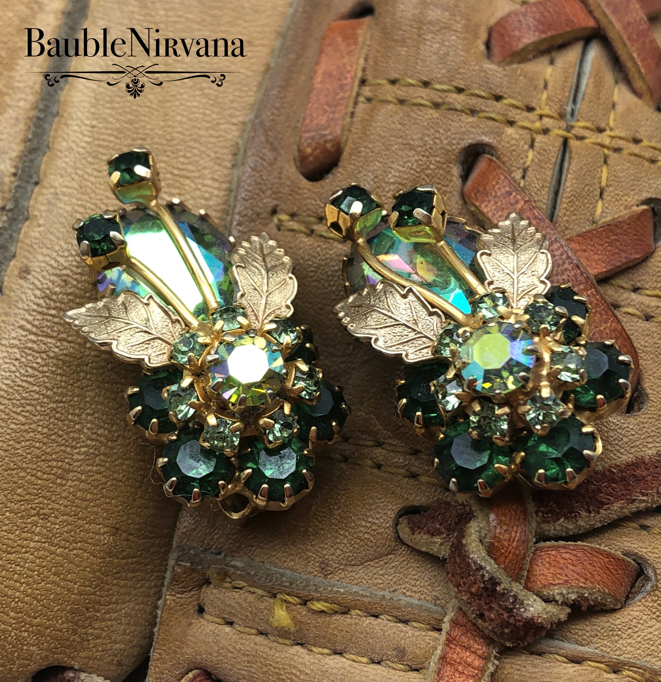 Juliana AB Iridescent Peacock Blue & Green Gold Leaves Bracelet & Earrings Set