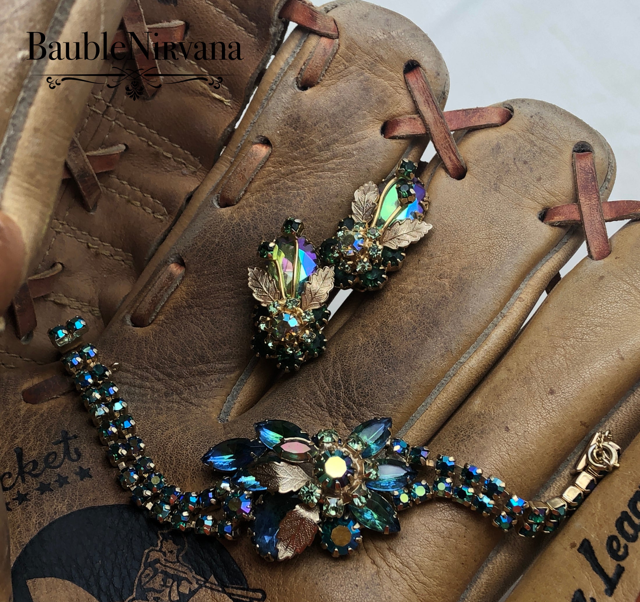 Juliana AB Iridescent Peacock Blue & Green Gold Leaves Bracelet & Earrings Set