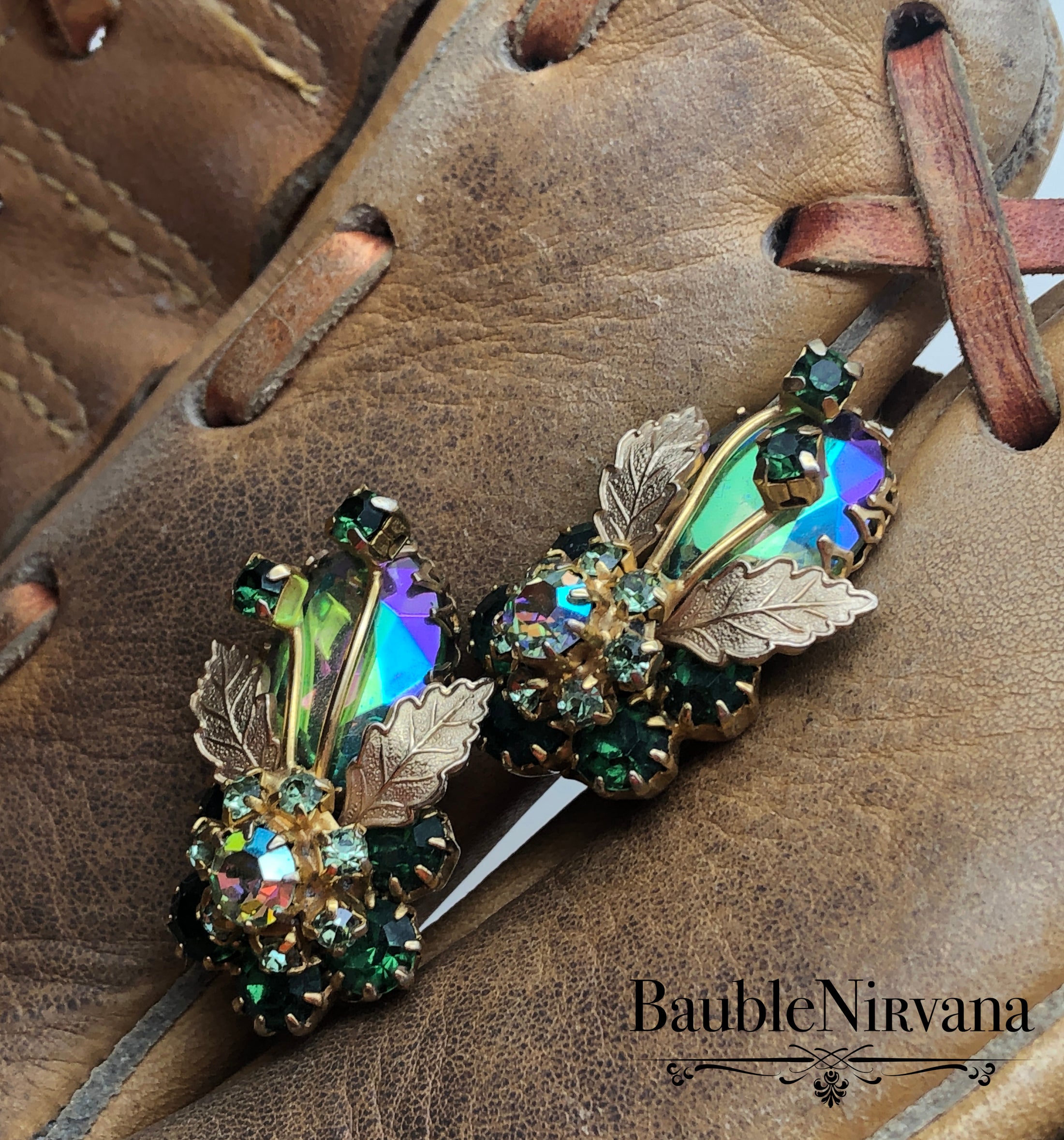 Juliana AB Iridescent Peacock Blue & Green Gold Leaves Bracelet & Earrings Set