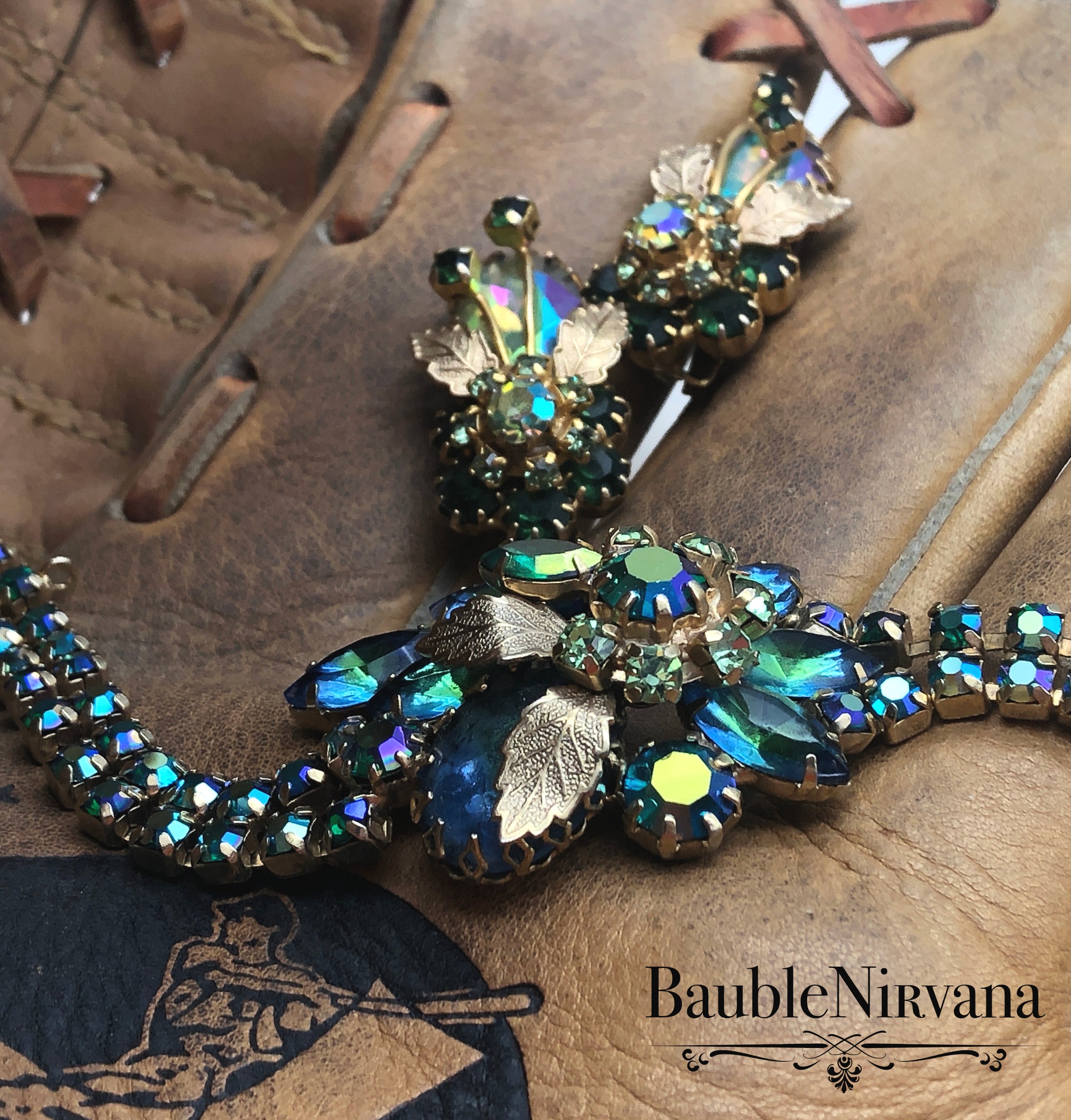 Juliana AB Iridescent Peacock Blue & Green Gold Leaves Bracelet & Earrings Set