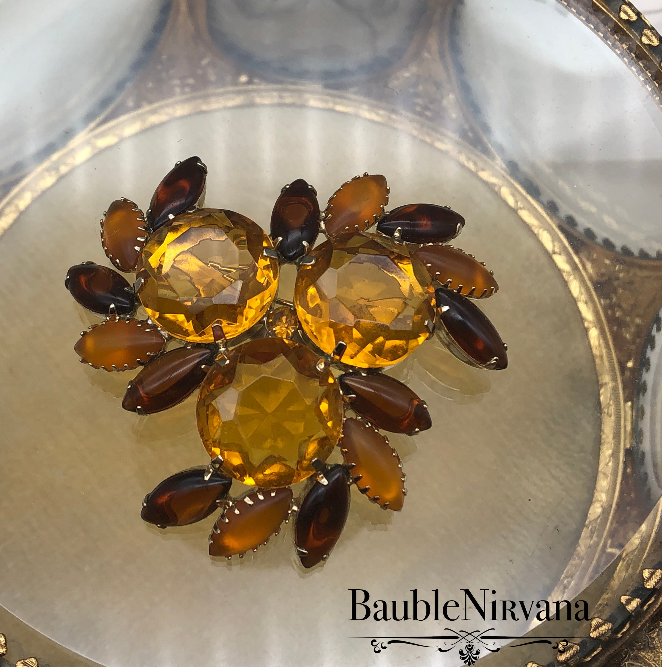 Vintage Fall Autumn Citrine Amber Glass Brooch Pin Large & Cabochon Rhinestones