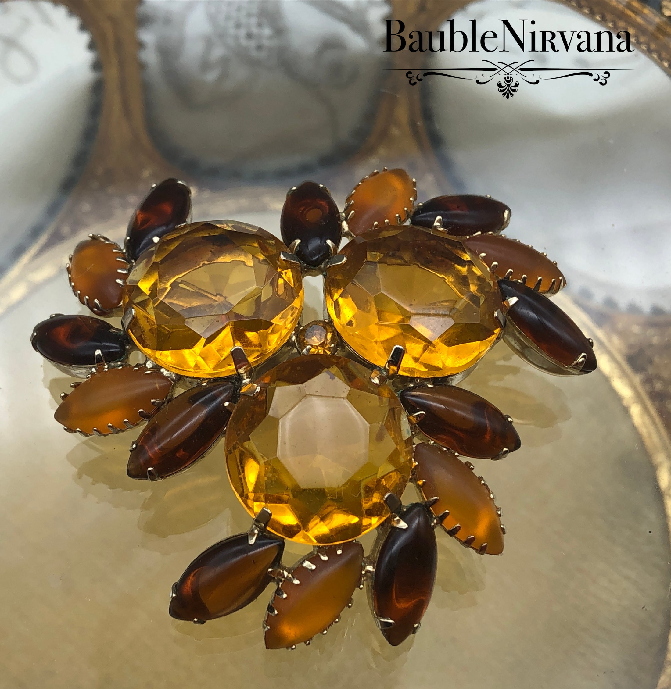 Vintage Fall Autumn Citrine Amber Glass Brooch Pin Large & Cabochon Rhinestones