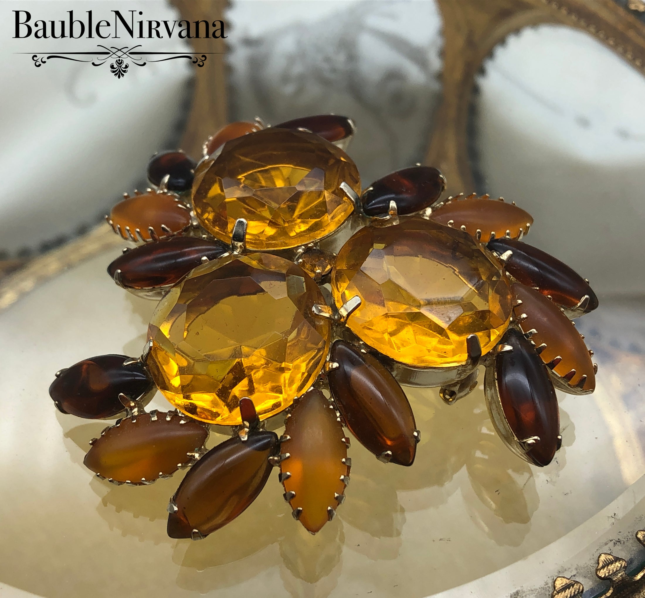 Vintage Fall Autumn Citrine Amber Glass Brooch Pin Large & Cabochon Rhinestones