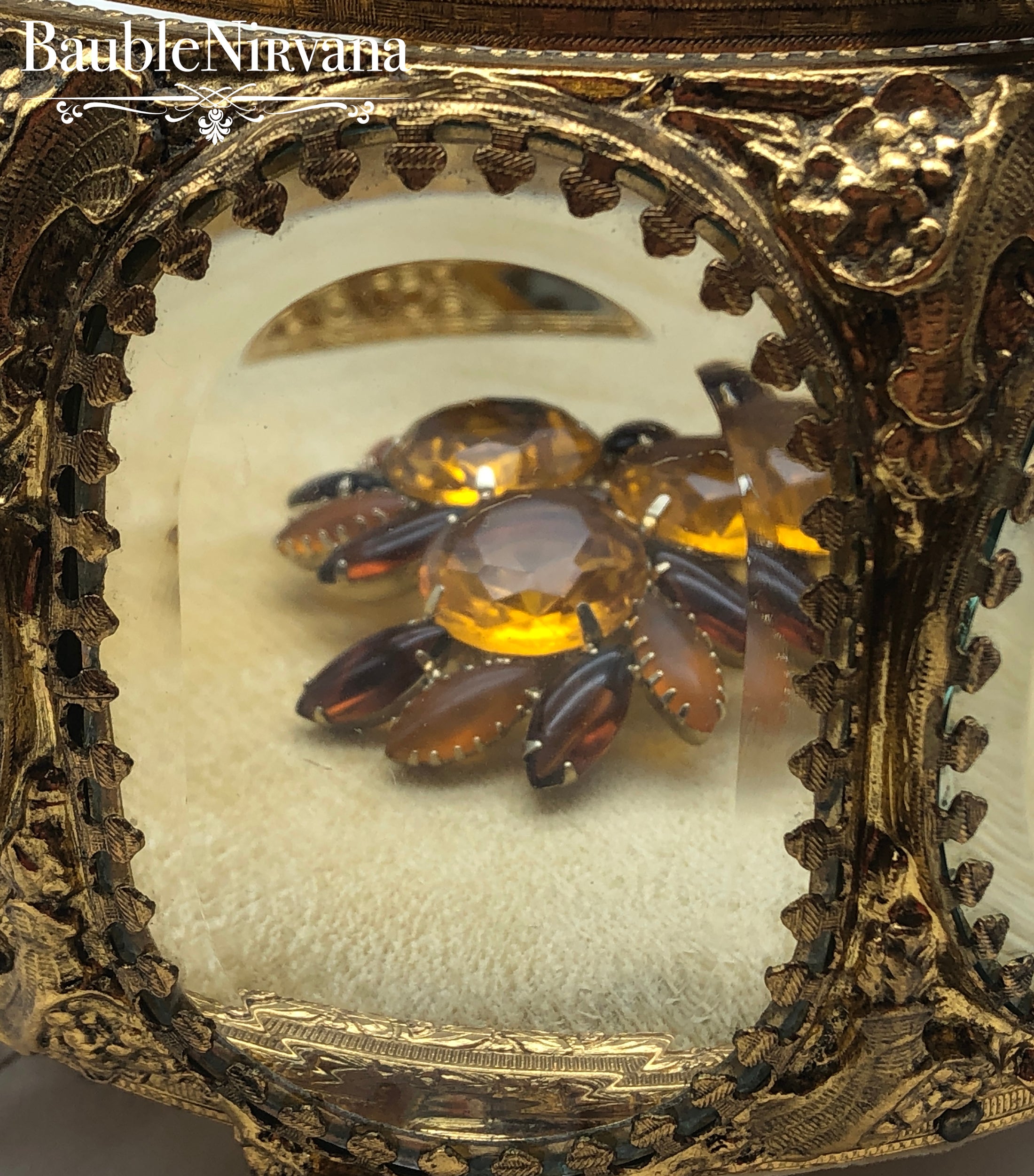 Vintage Fall Autumn Citrine Amber Glass Brooch Pin Large & Cabochon Rhinestones