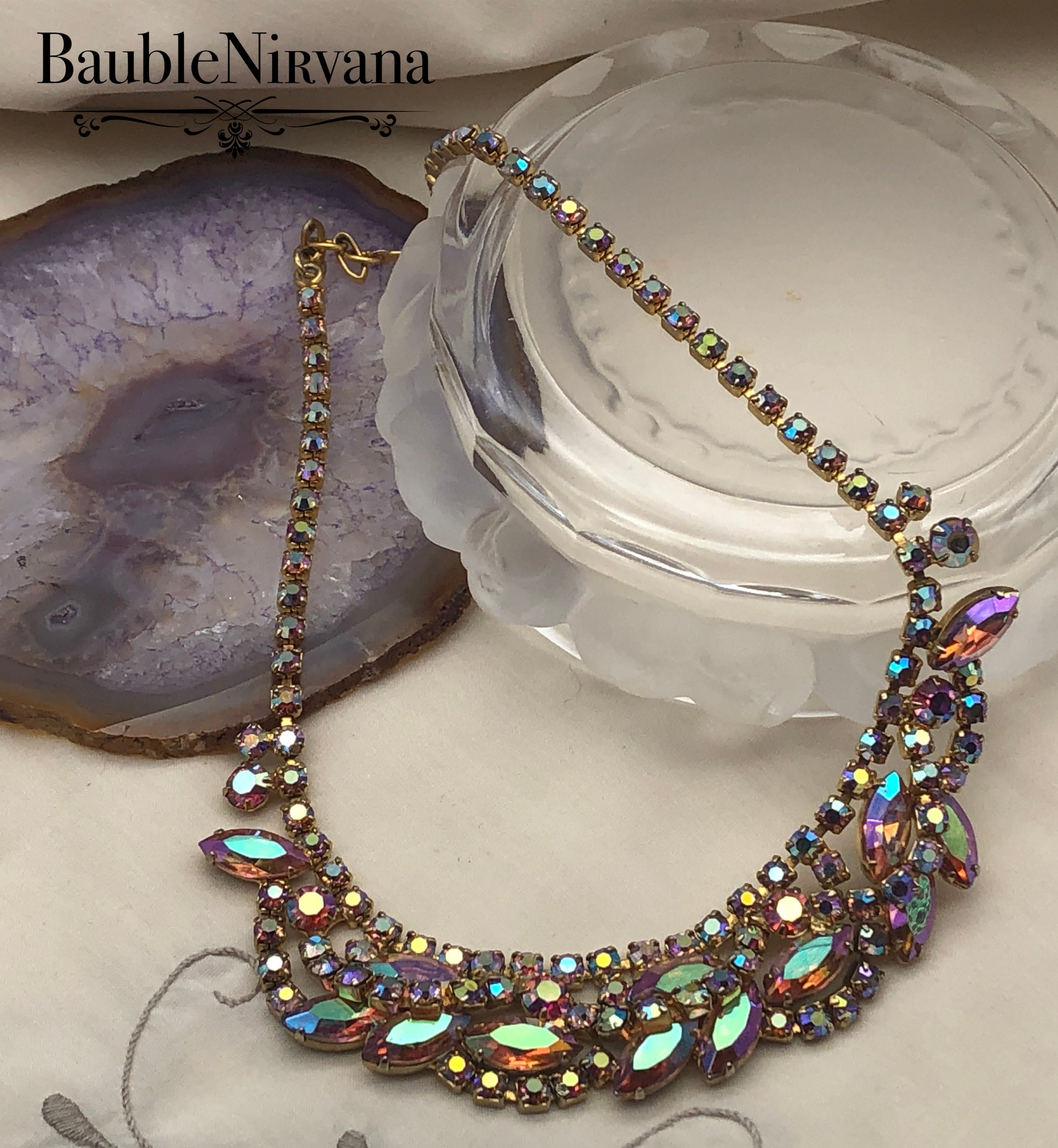 Vintage Juliana Raspberry Pink Aurora Borealis Iridescent Overlay Swag Necklace