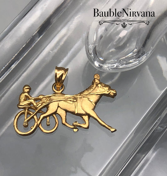 Vintage 14k Yellow Gold Pendant Charm Figural Shaped Horse & Sulky with Rider