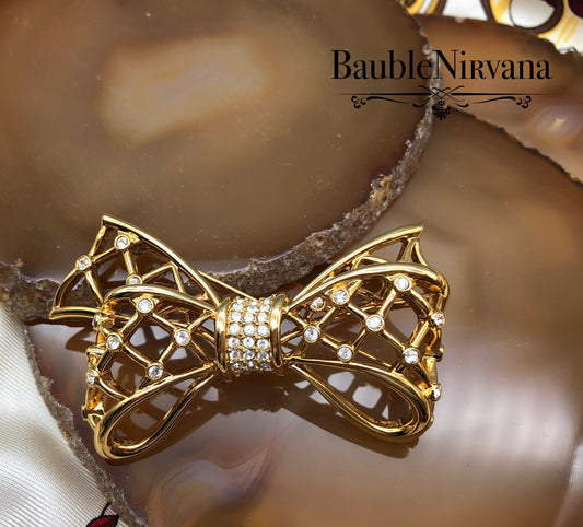 Vintage Swan Signed Swarovski Bow & Ribbon Criss Cross Brooch Pin