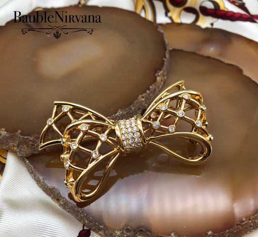 Vintage Swan Signed Swarovski Bow & Ribbon Criss Cross Brooch Pin