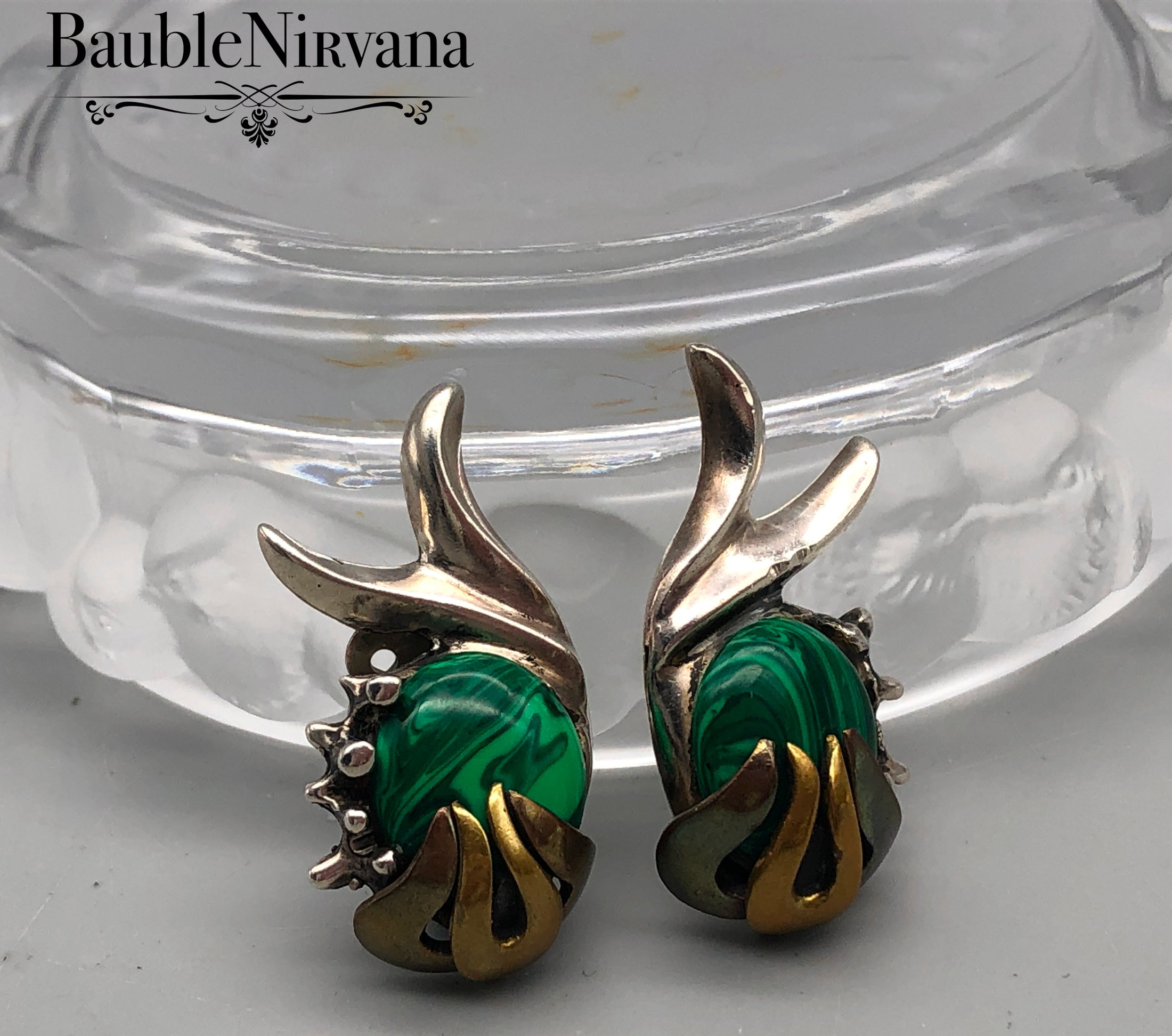 Mexican Mixed Metal Sterling Silver Malachite Earrings