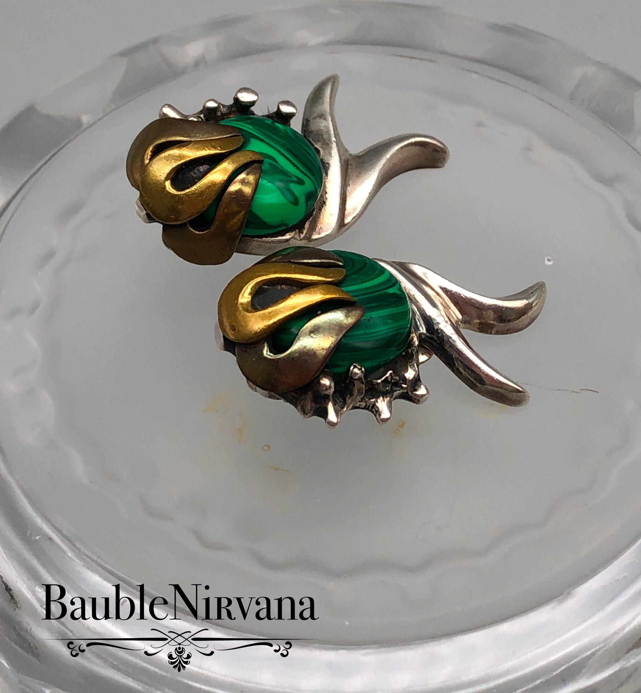 Vintage Mexican Sterling Silver Malachite Clip Earrings