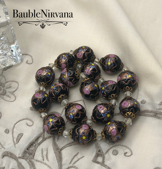 Vintage Venetian Murano Chunky Black Art Glass Wedding Cake Beads Necklace