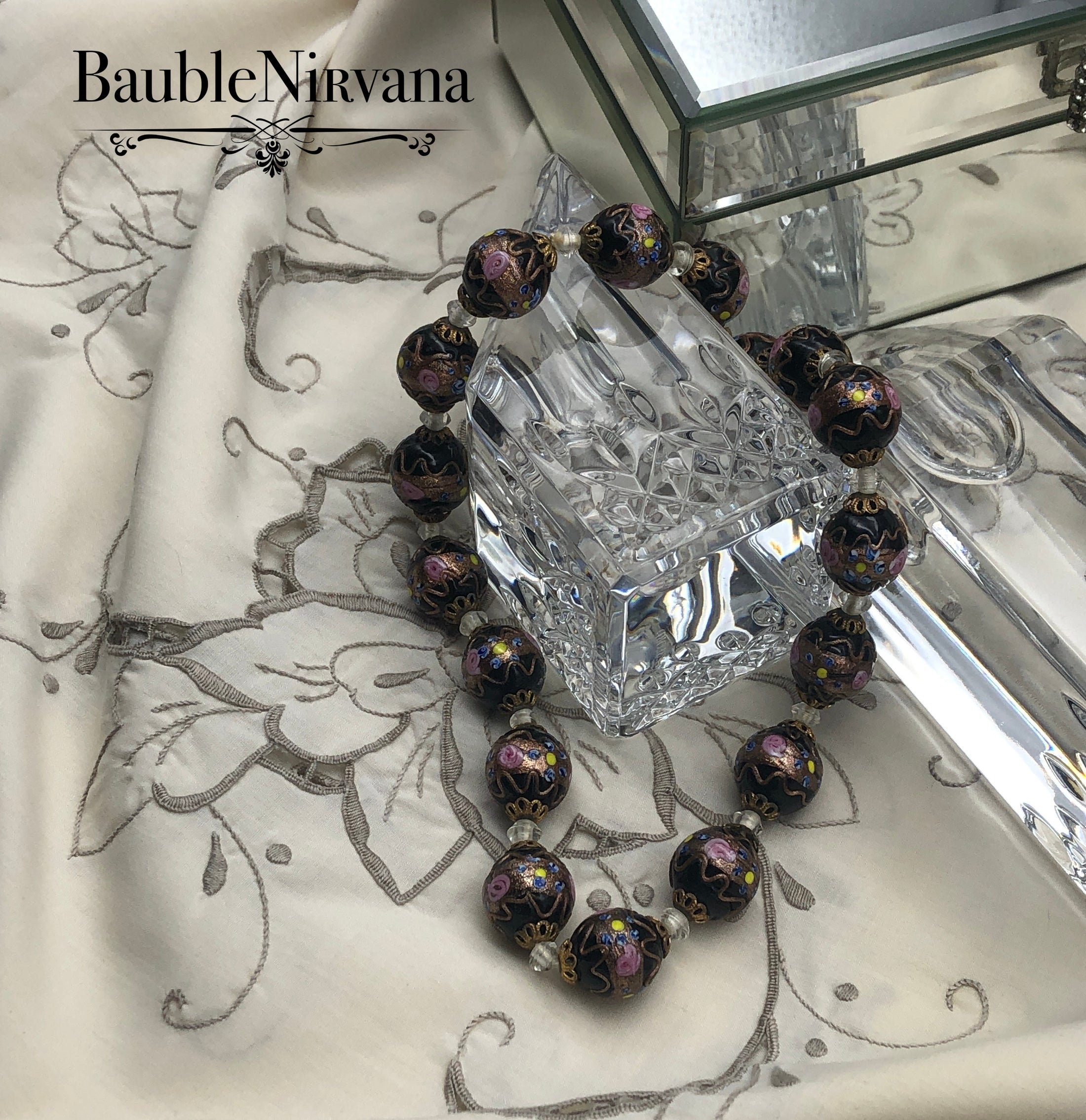 Vintage Venetian Murano Chunky Black Art Glass Wedding Cake Beads Necklace