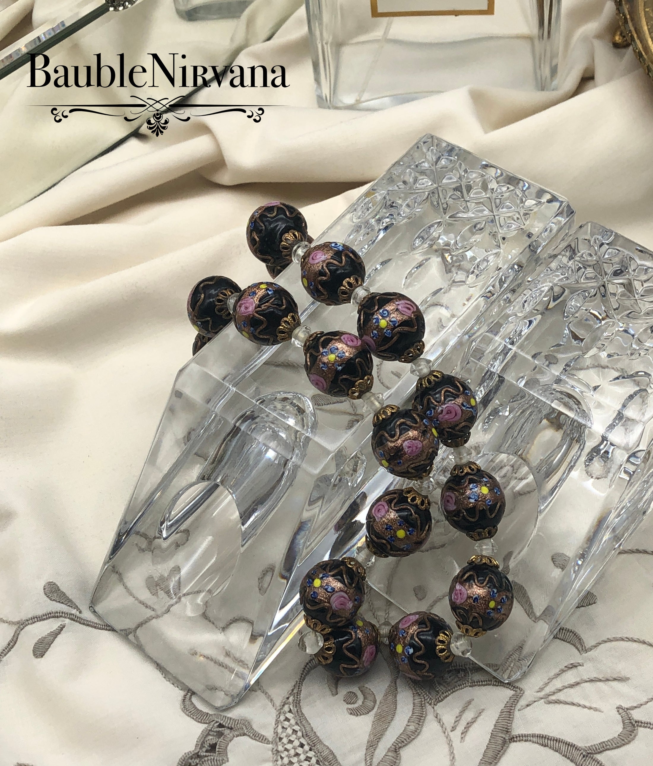 Vintage Venetian Murano Chunky Black Art Glass Wedding Cake Beads Necklace