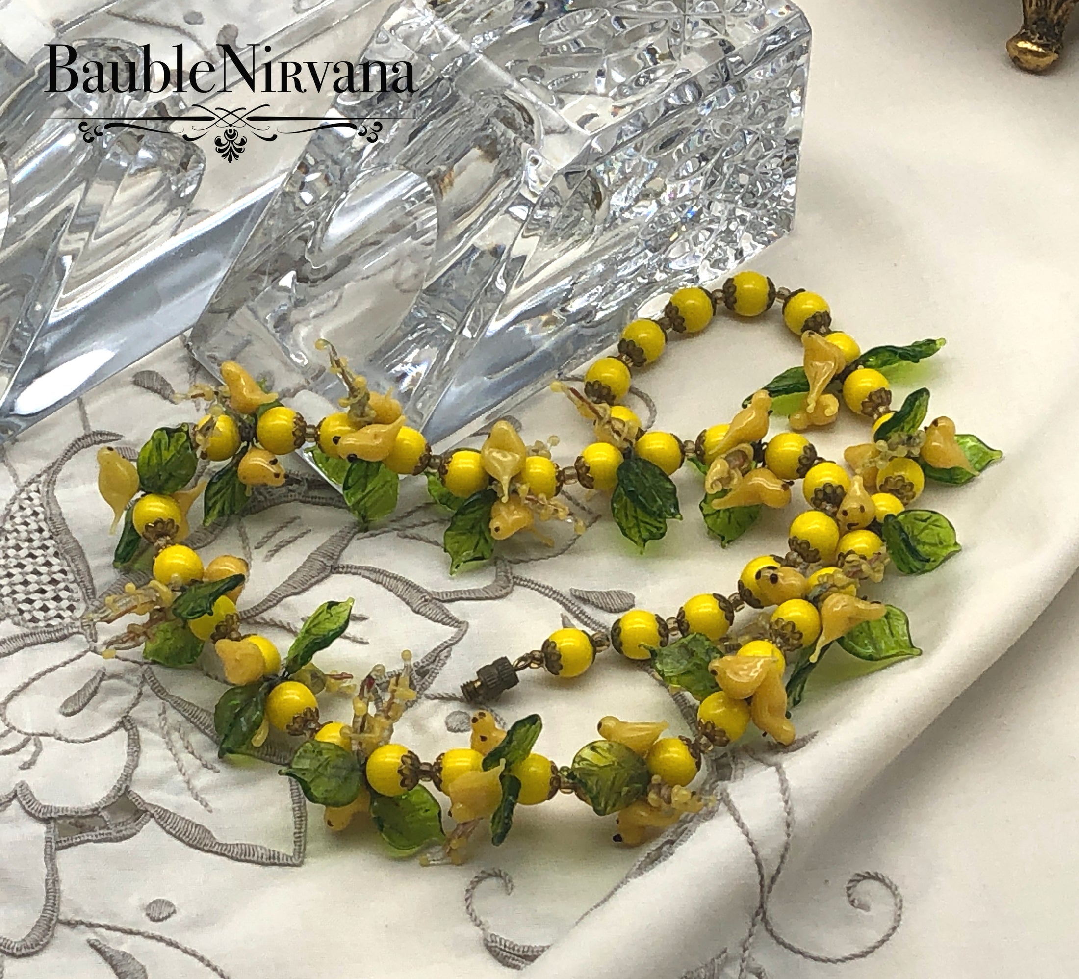 Vintage Venetian Murano Art Glass Figural Yellow Birds & Leaves Beaded Necklace