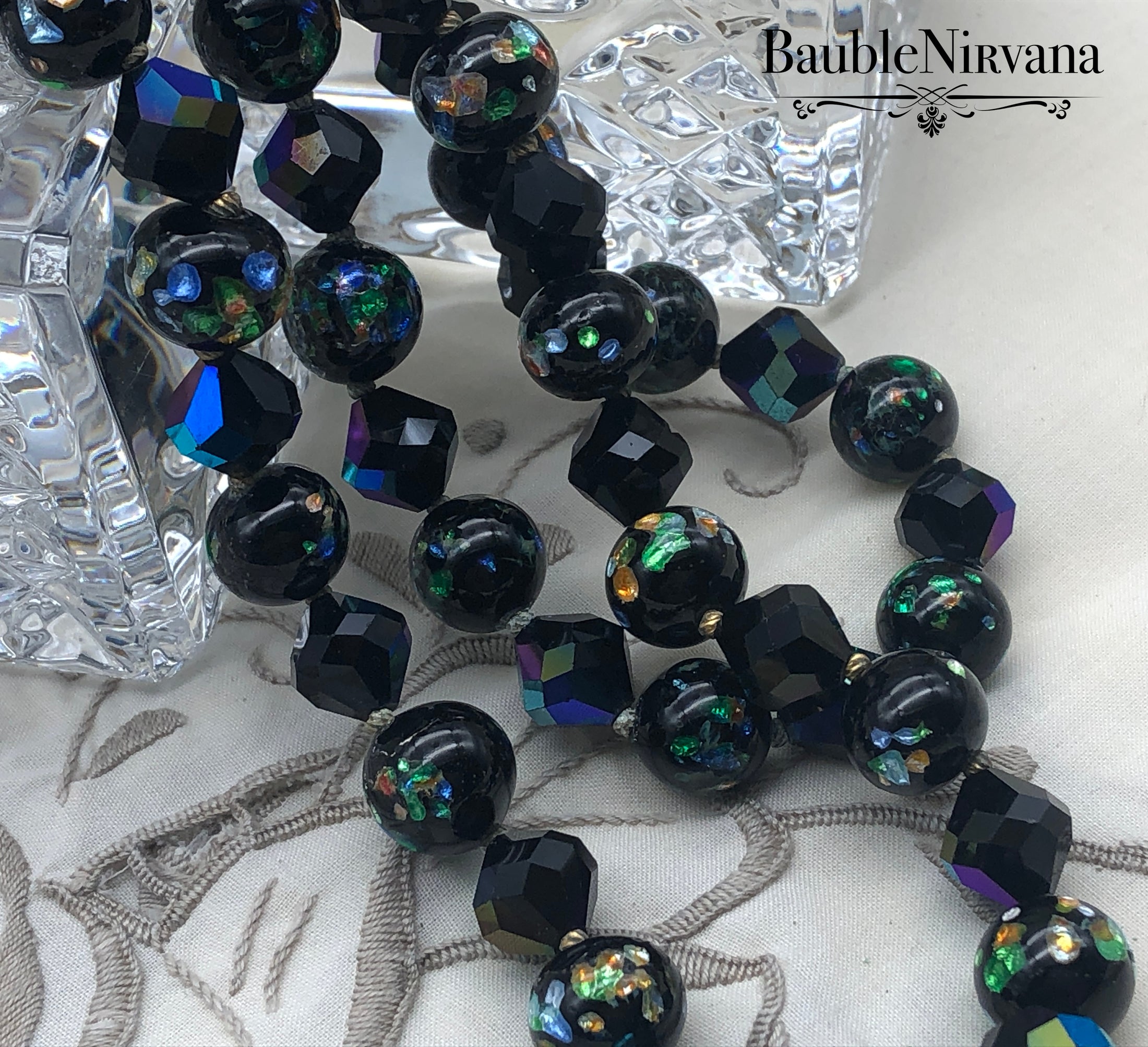 Vintage Double Strand Venetian Foil Art Glass &AB Black Beaded Necklace WOW!!