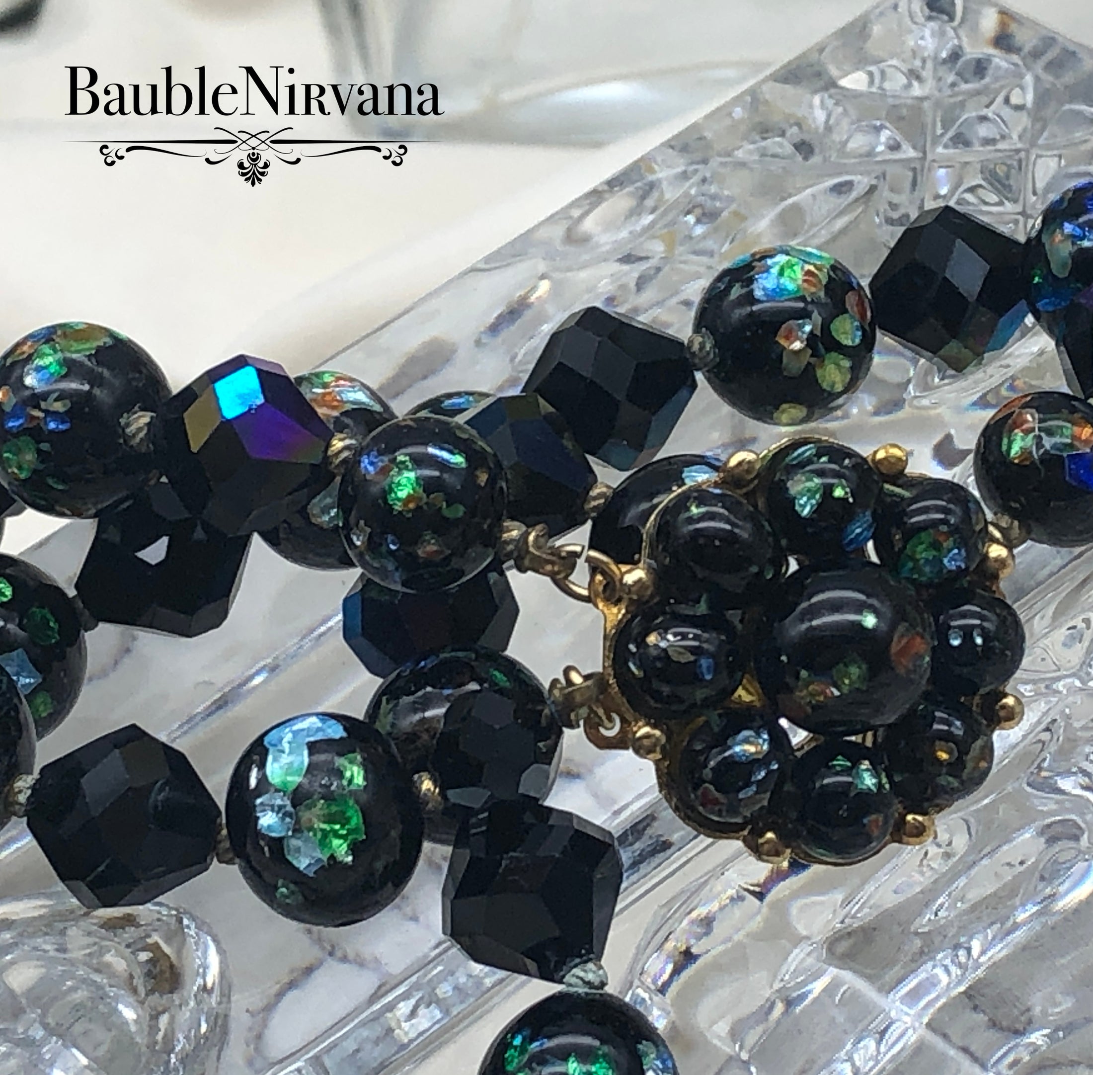 Vintage Double Strand Venetian Foil Art Glass &AB Black Beaded Necklace WOW!!