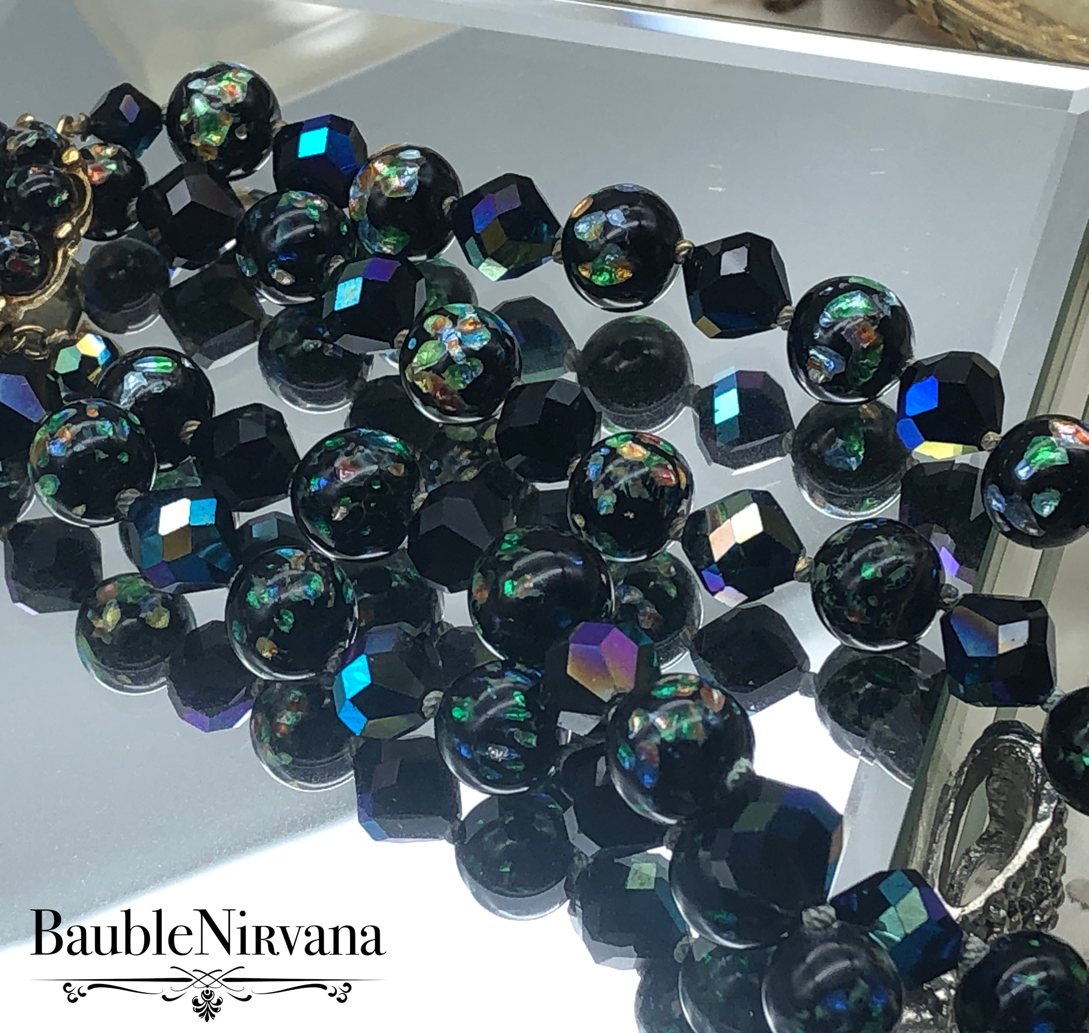 Vintage Double Strand Venetian Foil Art Glass &AB Black Beaded Necklace WOW!!