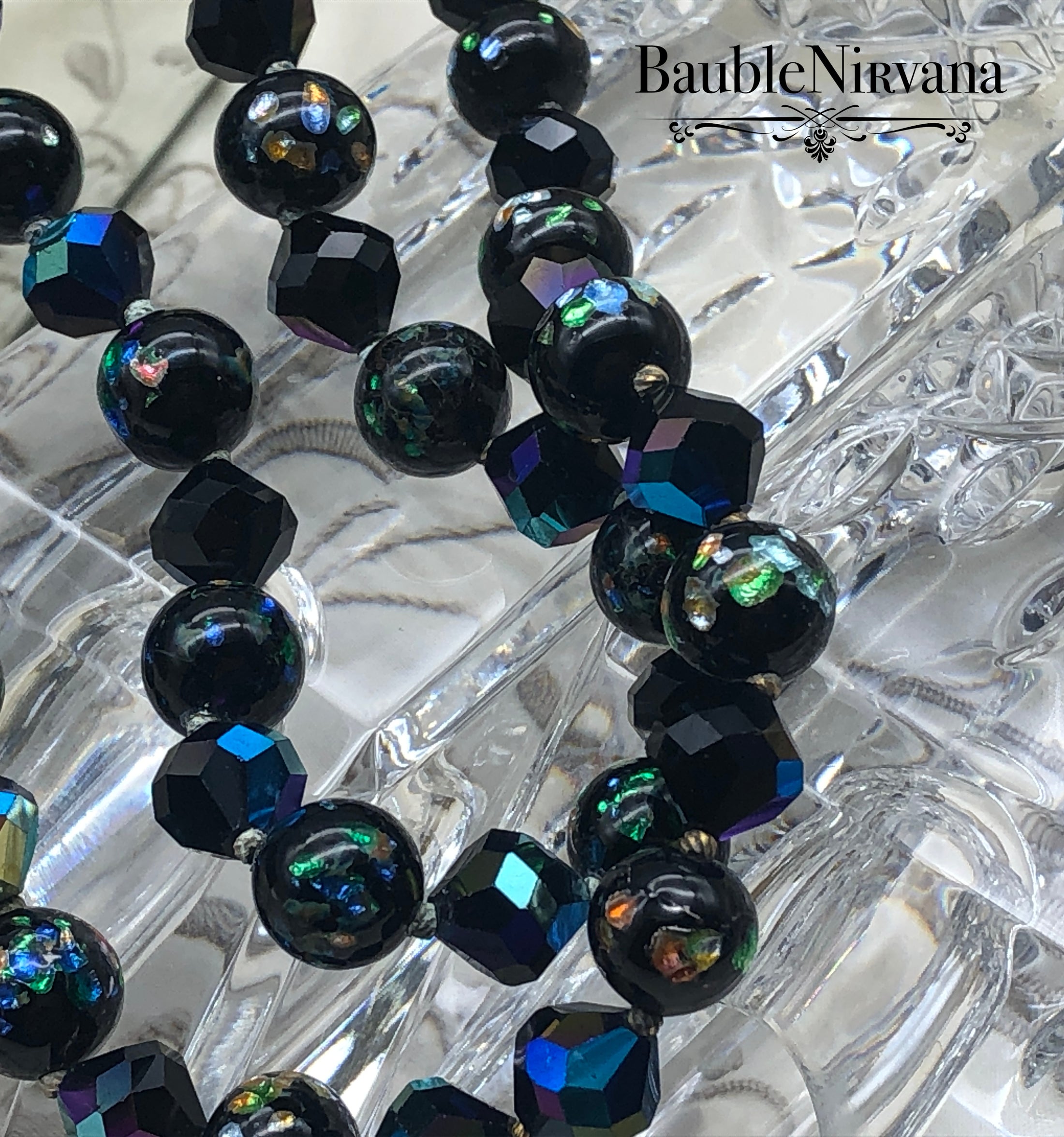 Vintage Double Strand Venetian Foil Art Glass &AB Black Beaded Necklace WOW!!