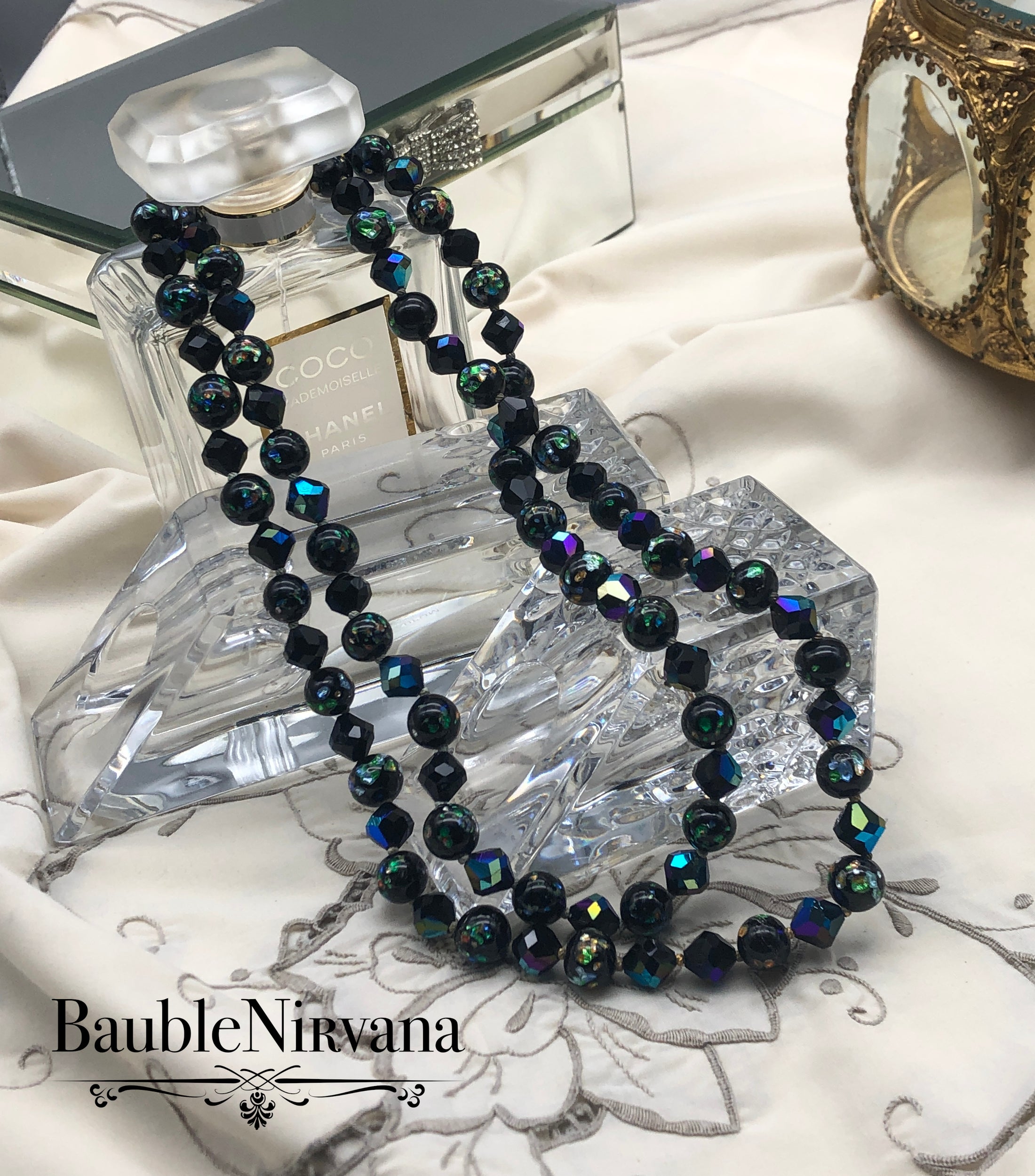 Vintage Double Strand Venetian Foil Art Glass &AB Black Beaded Necklace WOW!!