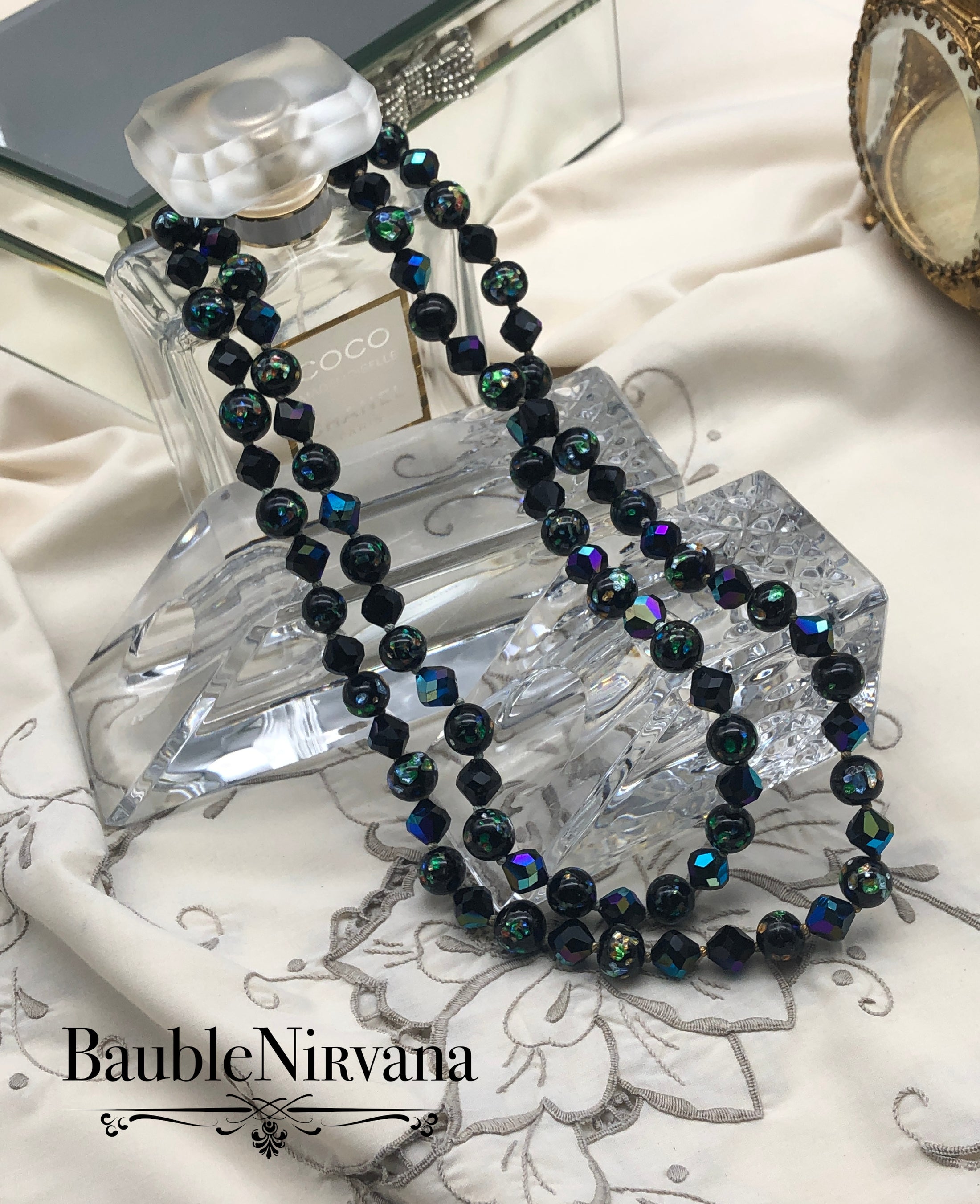 Vintage Double Strand Venetian Foil Art Glass &AB Black Beaded Necklace WOW!!