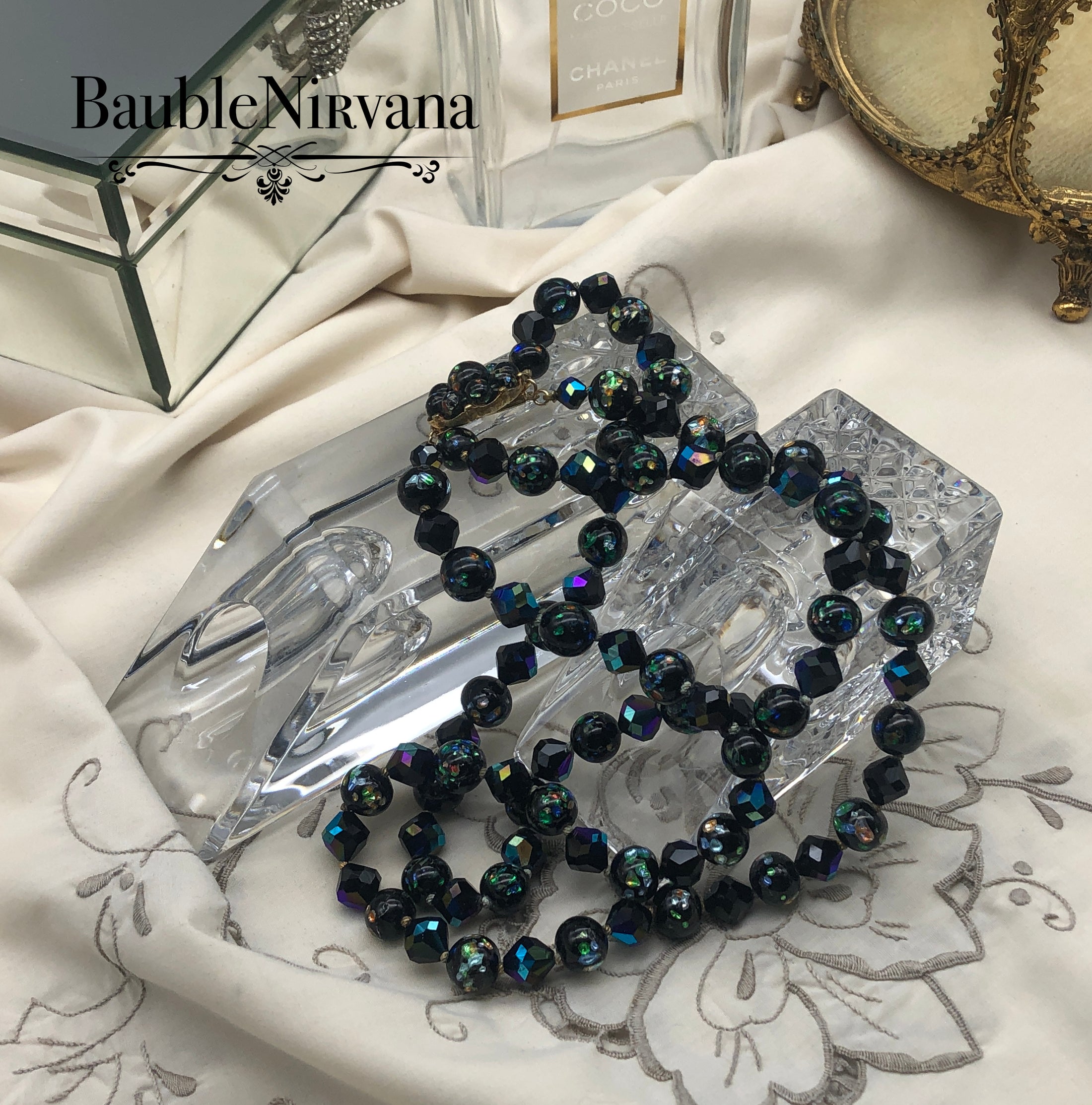 Vintage Double Strand Venetian Foil Art Glass &AB Black Beaded Necklace WOW!!