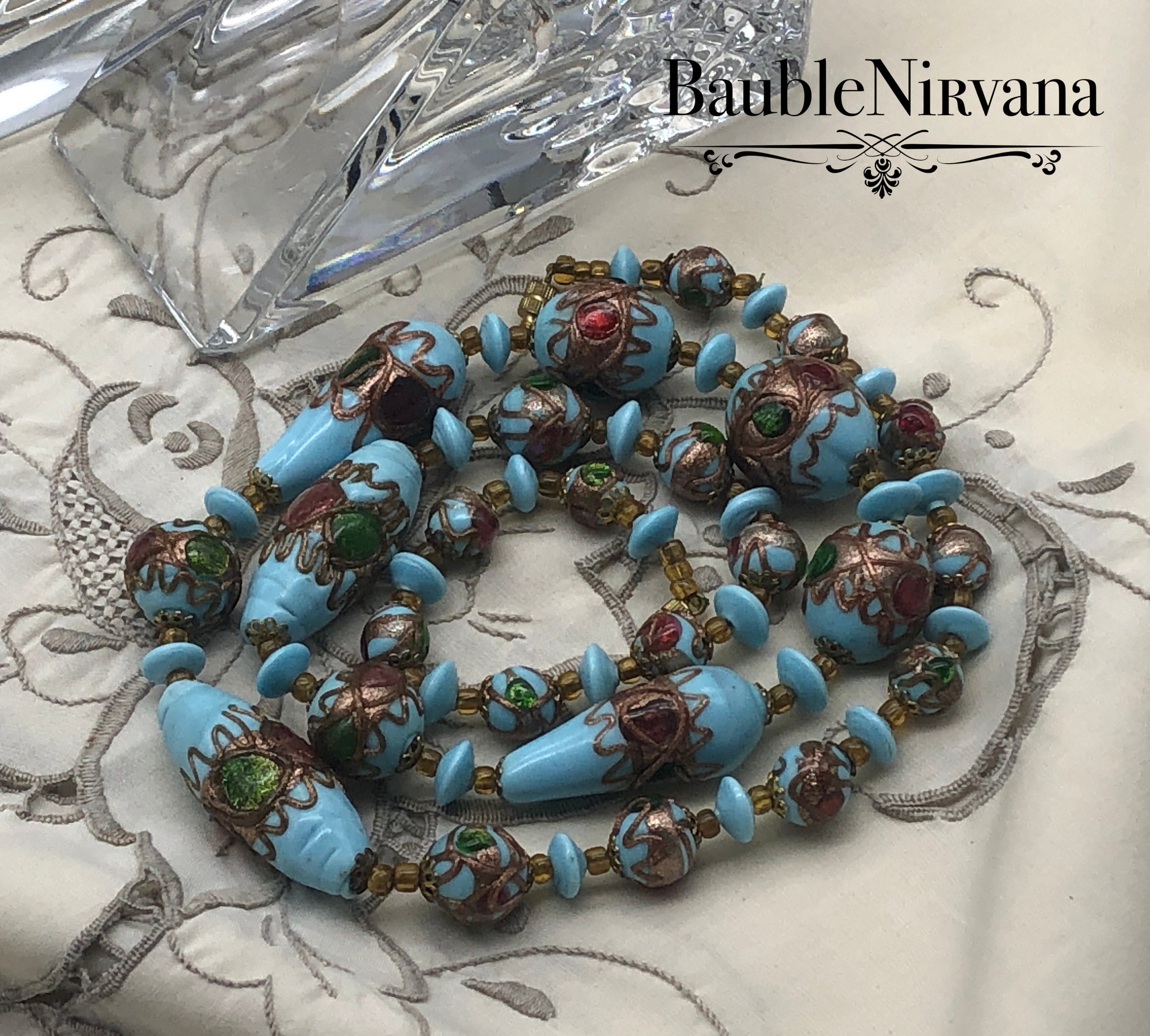 Rare Venetian Art Glass Jeweled Wedding Cake Blue Beads Teardrop Round Elongated