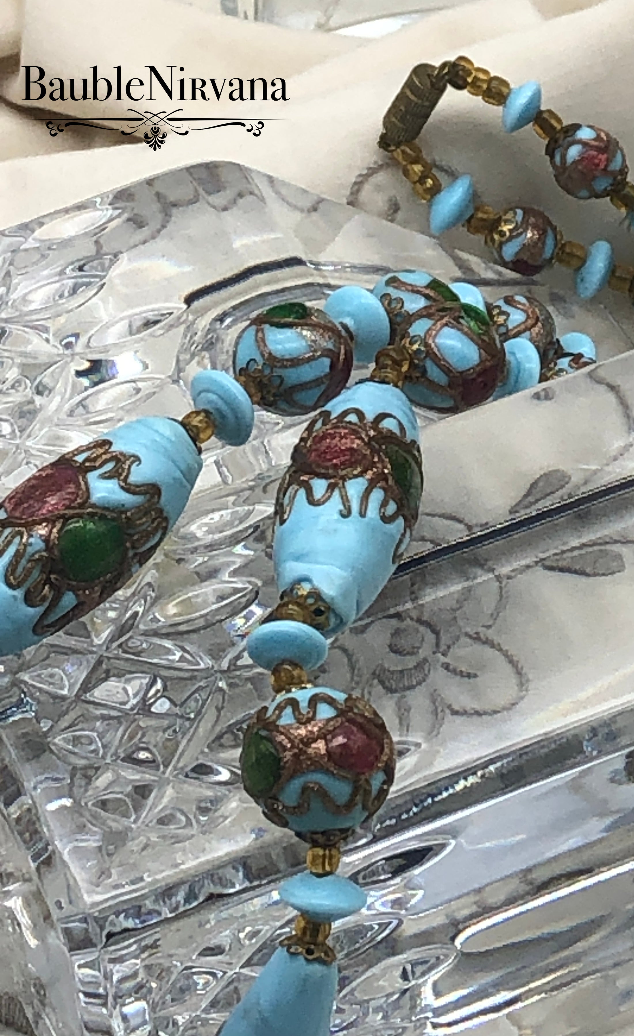 Rare Venetian Art Glass Jeweled Wedding Cake Blue Beads Teardrop Round Elongated