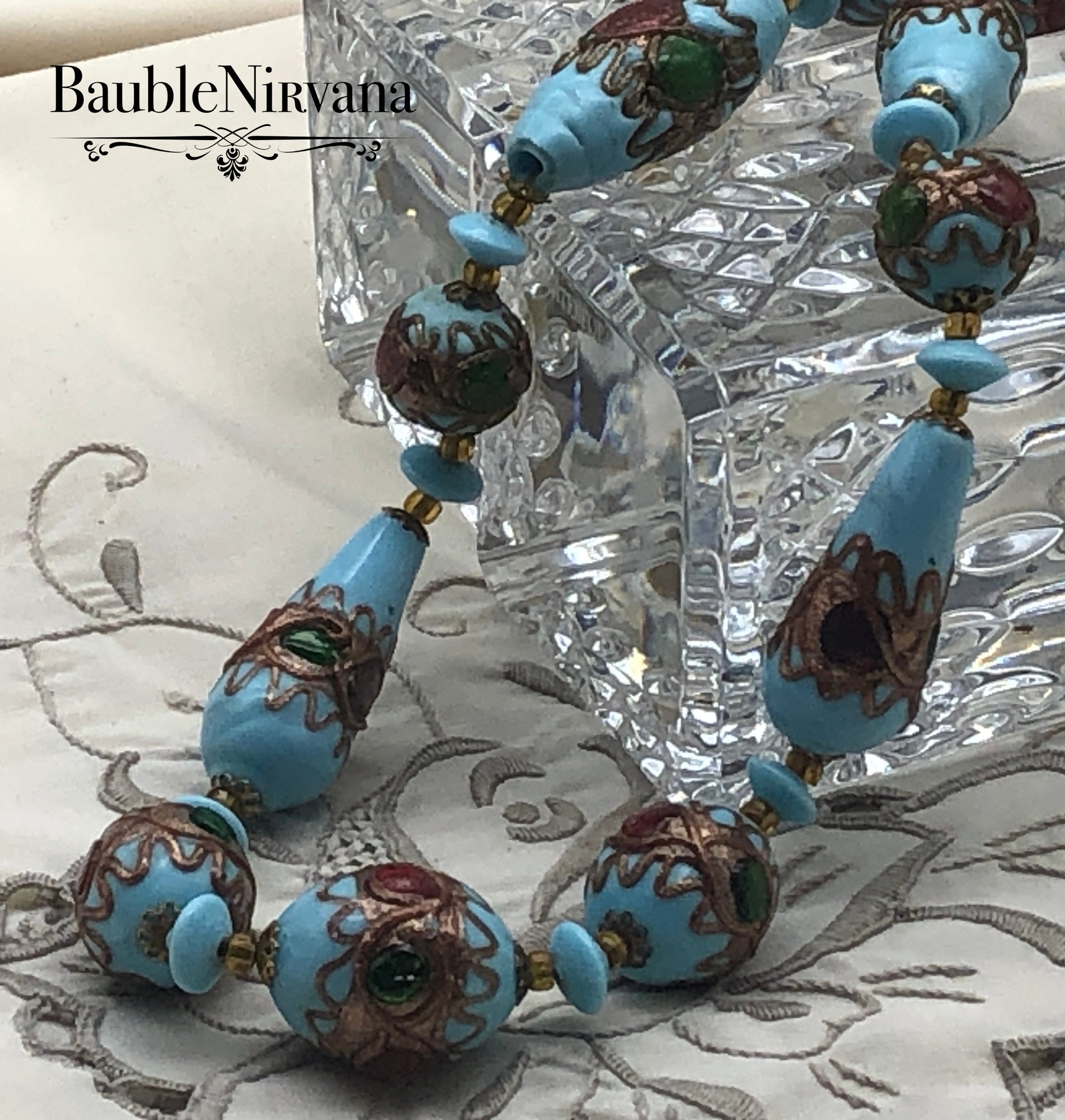 Rare Venetian Art Glass Jeweled Wedding Cake Blue Beads Teardrop Round Elongated