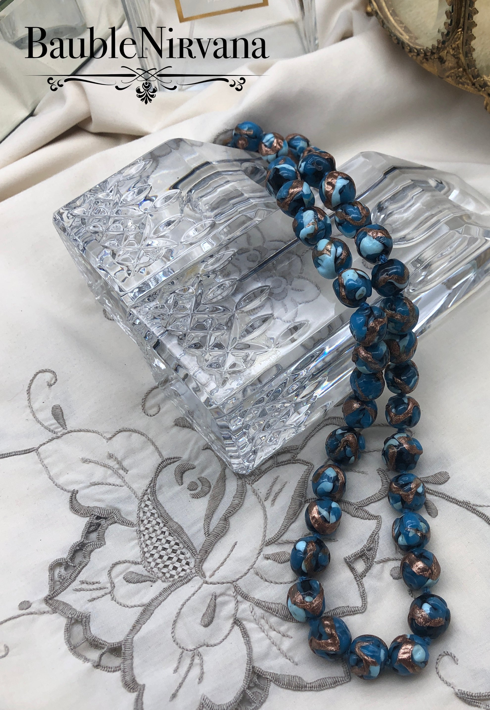 Vintage Venetian Art Glass Blue & Copper Unusual Beads Necklace Original Tag